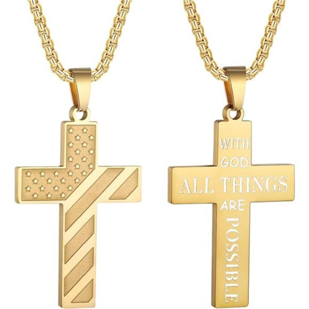 GOLD American Flag GOD Cross Necklace Men Stainless Steel Box Chain 22+2 inch